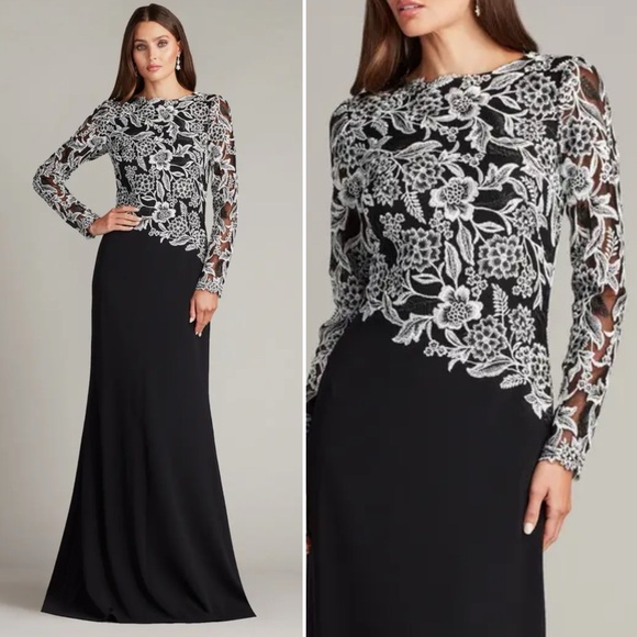Tadashi Shoji Sequin Embroidered Floral Lace Long Sleeve Crepe Gown size 12 $418 - Picture 4 of 10